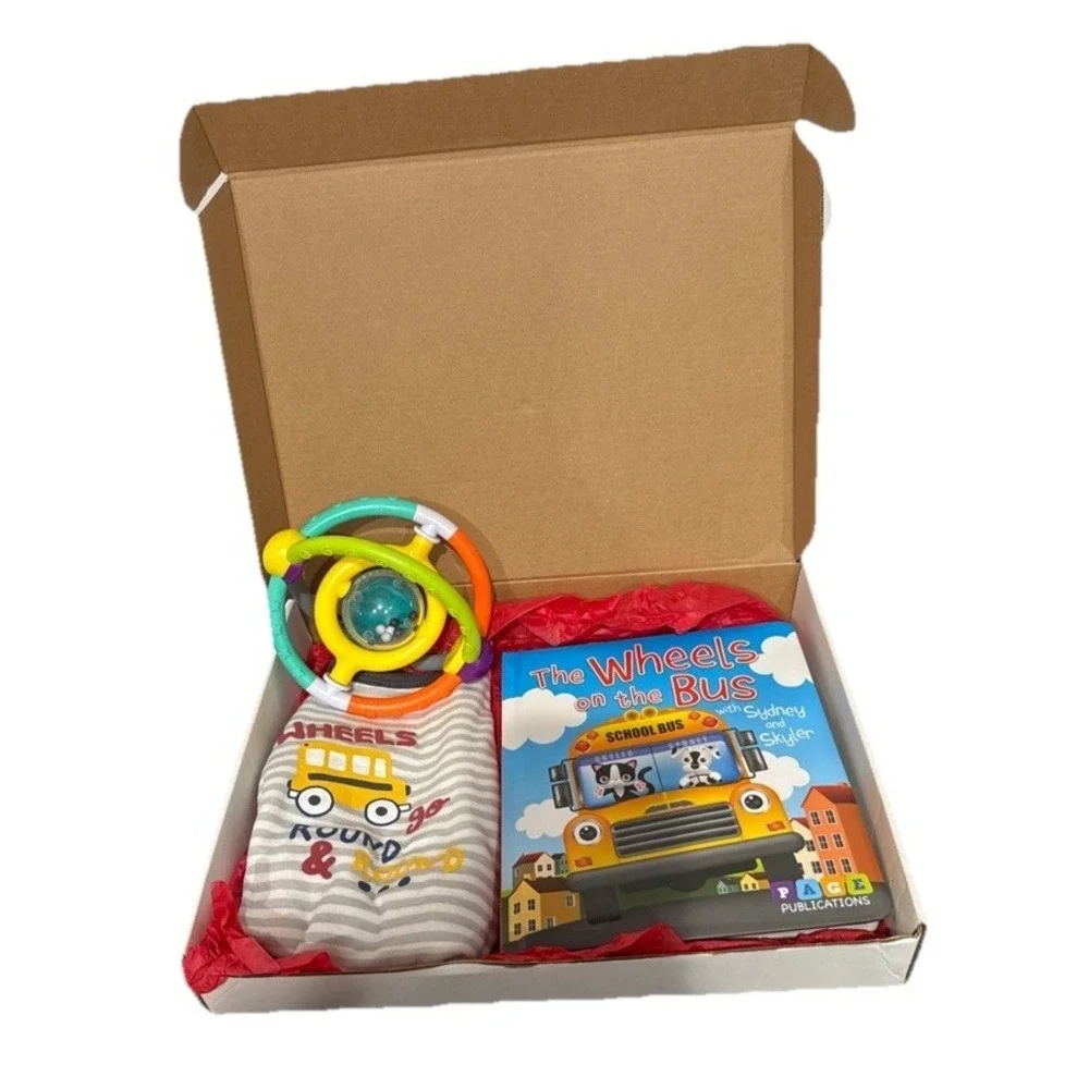 The Wheels on the Bus with Sydney and Skyler Book, 3/6 Months Bodysuit & Toy Box